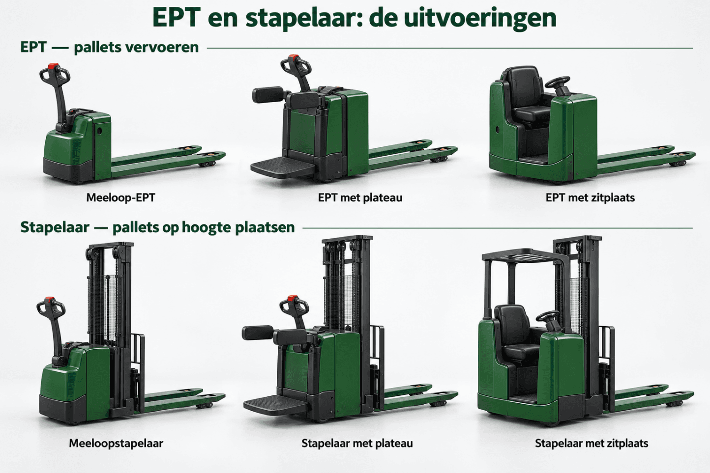 Overzicht van de EPT- en stapelaaruitvoeringen: meeloop, met plateau en met zitplaats
